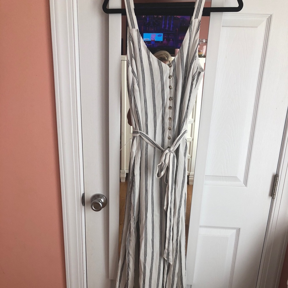 American Eagle White with black striped jumpsuit